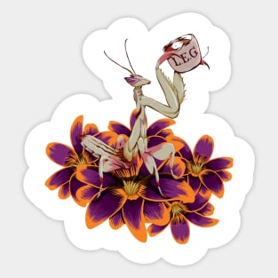 Original White and purple Praying Mantis on orange and Purple Tulips sipping on some Tea. Sticker